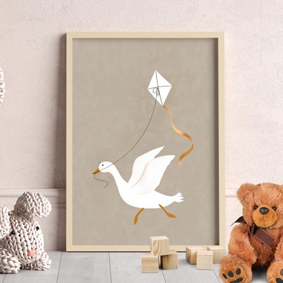 Silly Goose With A Kite Wall Art Vintage Poster Or Canvas Print Cute White Neutral Nursery Animal Kids Room Decor