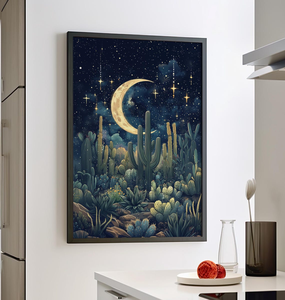Cactus Garden Under Crescent Moon Starry Night Celestial Poster