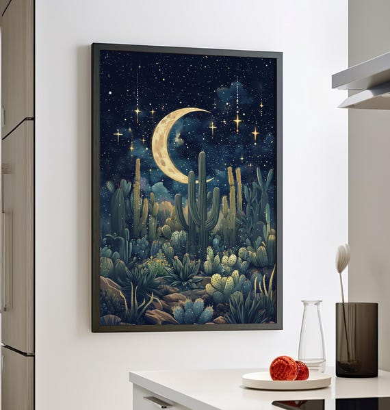 Cosmic Cactus Garden Under Crescent Moon Celestial Art Print Poster Or Canvas Dark Blue Botanical Wall Surrealism