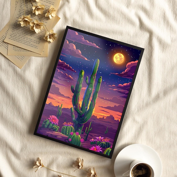 Mexican Purple Desert Cacti And Flowers Moonlit Art Print Starry Night Sky Cactus Pink Wall Modern Western Decor