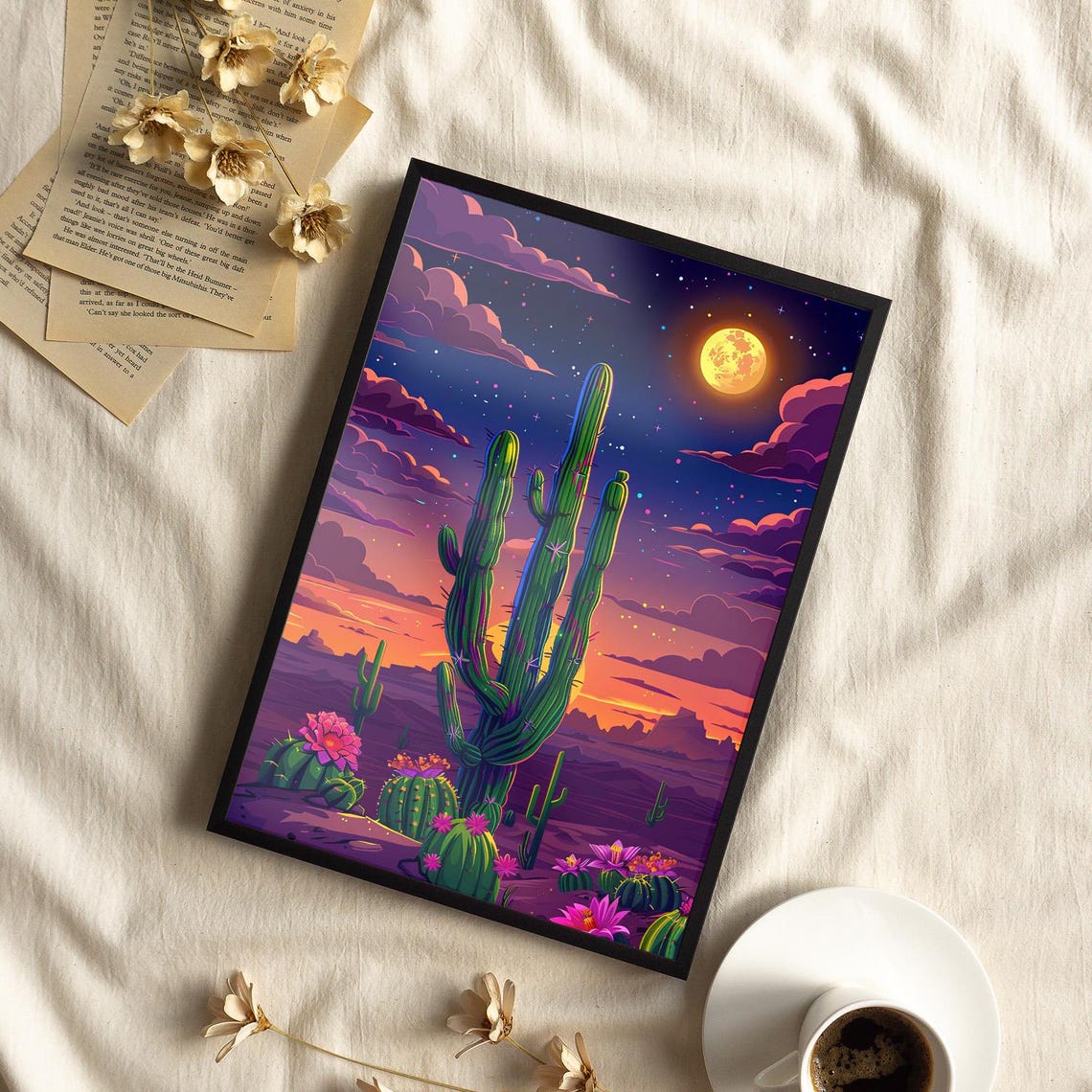 Saguaro Cactus Moonlit Purple Desert Starry Night Southwest Art Poster
