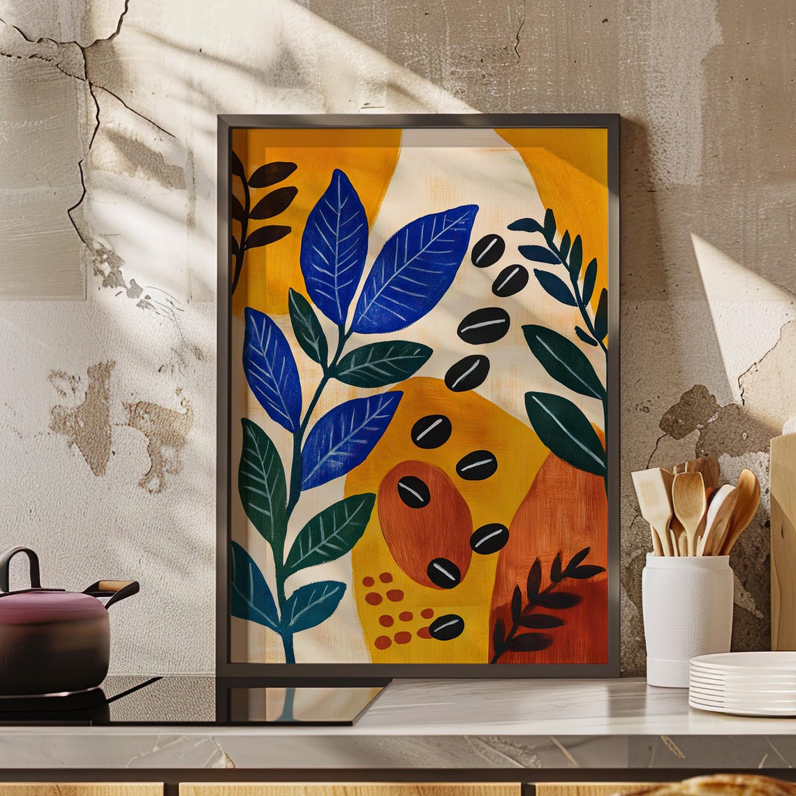 Coffee Beans And Blue Leaves Boho Botanical Cutout Art Poster