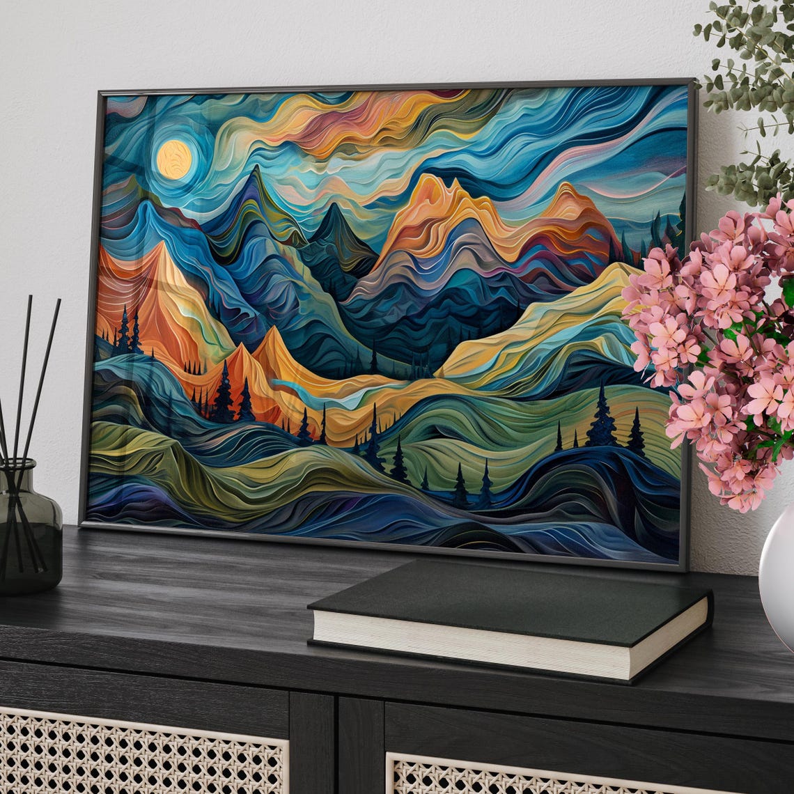 Colorful Swirling Mountain Landscape Abstract Sunset Art Poster