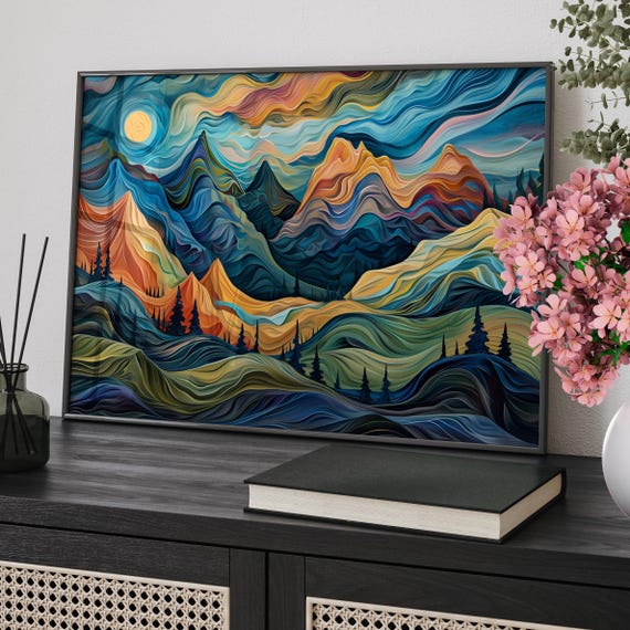 Curve Line Style Valleys And Tress Wall Art Print Or Canvas Modern Colorful Nature Abstract Landscape Poster Unique Housewarming Gift
