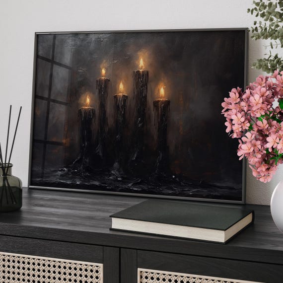Witchy Vintage And Rustic Dark Victorian Themed Black Candle Light Wall Art Print Or Canvas Gothic Halloween Minimalist Poster Decor
