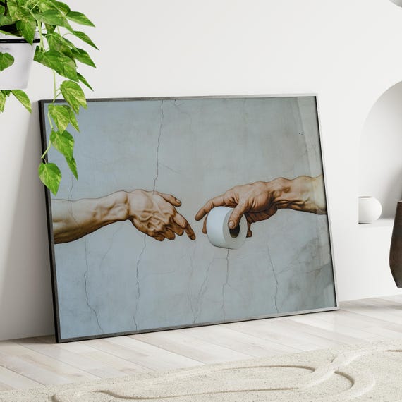Mans Hand Holding Toilet Paper Funny Painting Poster Or Canvas Print Vintage Bathroom Wall Decor Sign Humorous Prank Gift