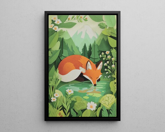 Whimsical Woodland Red Fox Drinking At Forest Pond Layered Paper Cut Art Poster