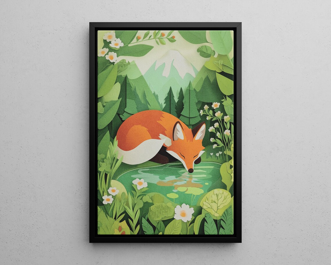 Whimsical Woodland Red Fox Drinking At Forest Pond Layered Paper Cut Art Poster