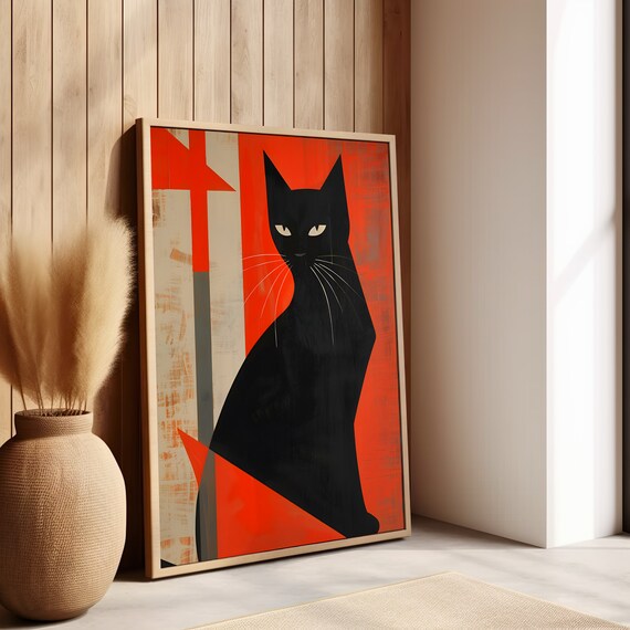 Geometric Black Cat On Red Background Midcentury Modern Wall Art