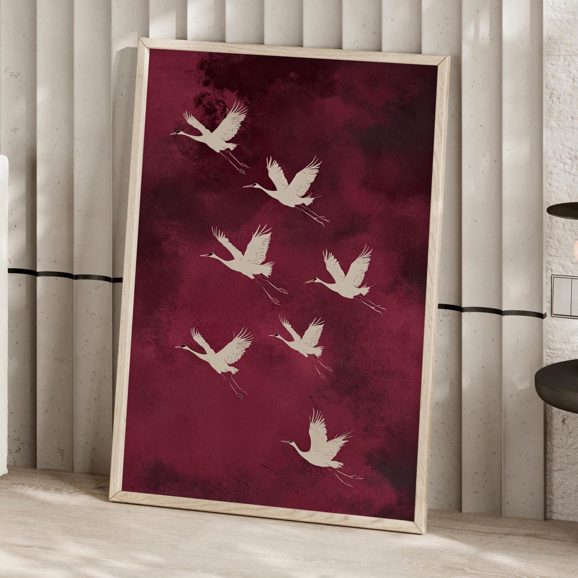White Cranes In Flight Over Burgundy Vintage Japanese Style Poster