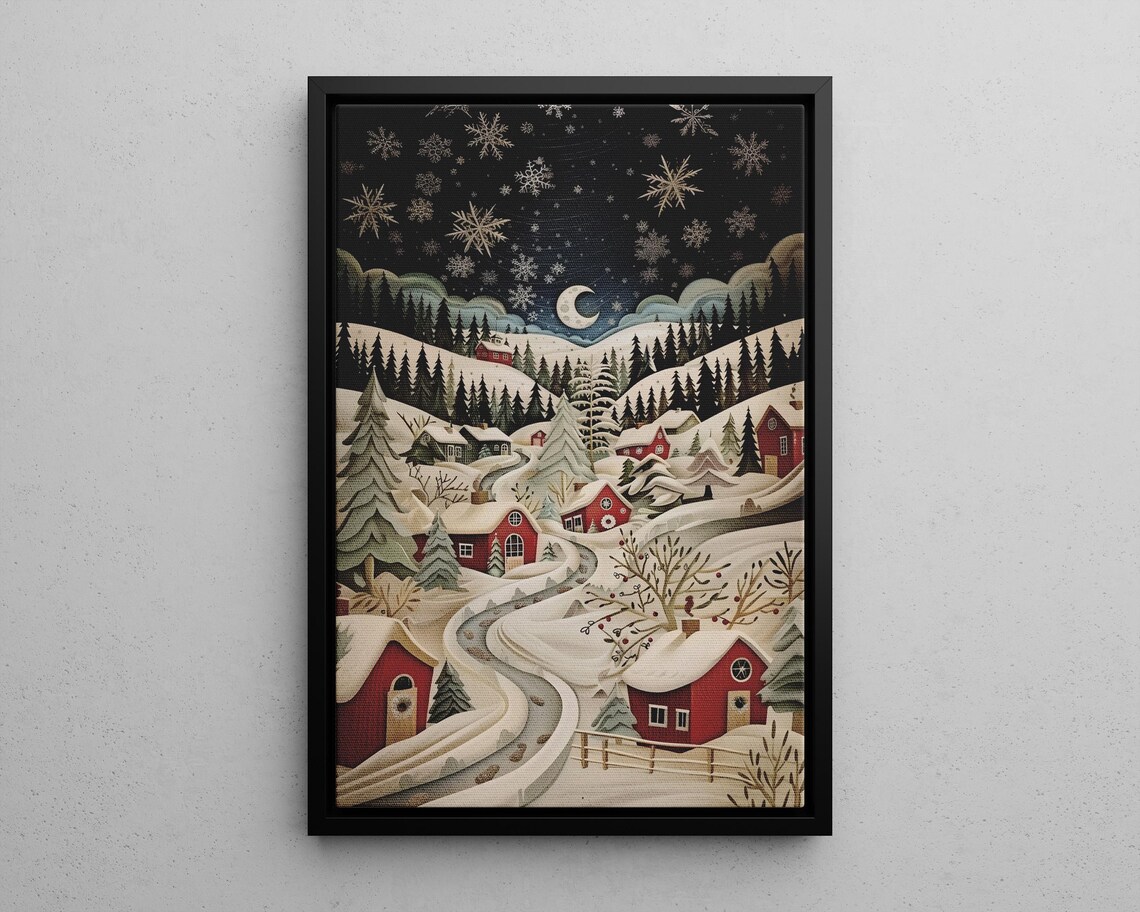 Snowy Christmas Village Night Red Houses Moon Folk Winter Holiday Poster