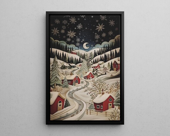 Snowy Christmas Village Night Red Houses Moon Folk Winter Holiday Poster