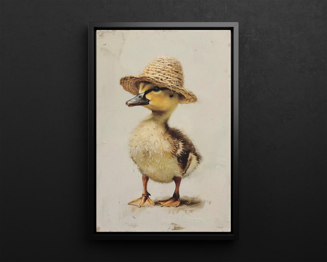 Adorable Duckling Wearing Straw Hat Cute Vintage Canvas Art Poster