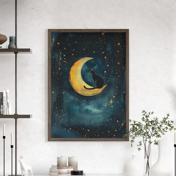 Black Cat On The Moon Dark Illustration Poster Or Canvas Print And Starry Night Wall Art Whimsical