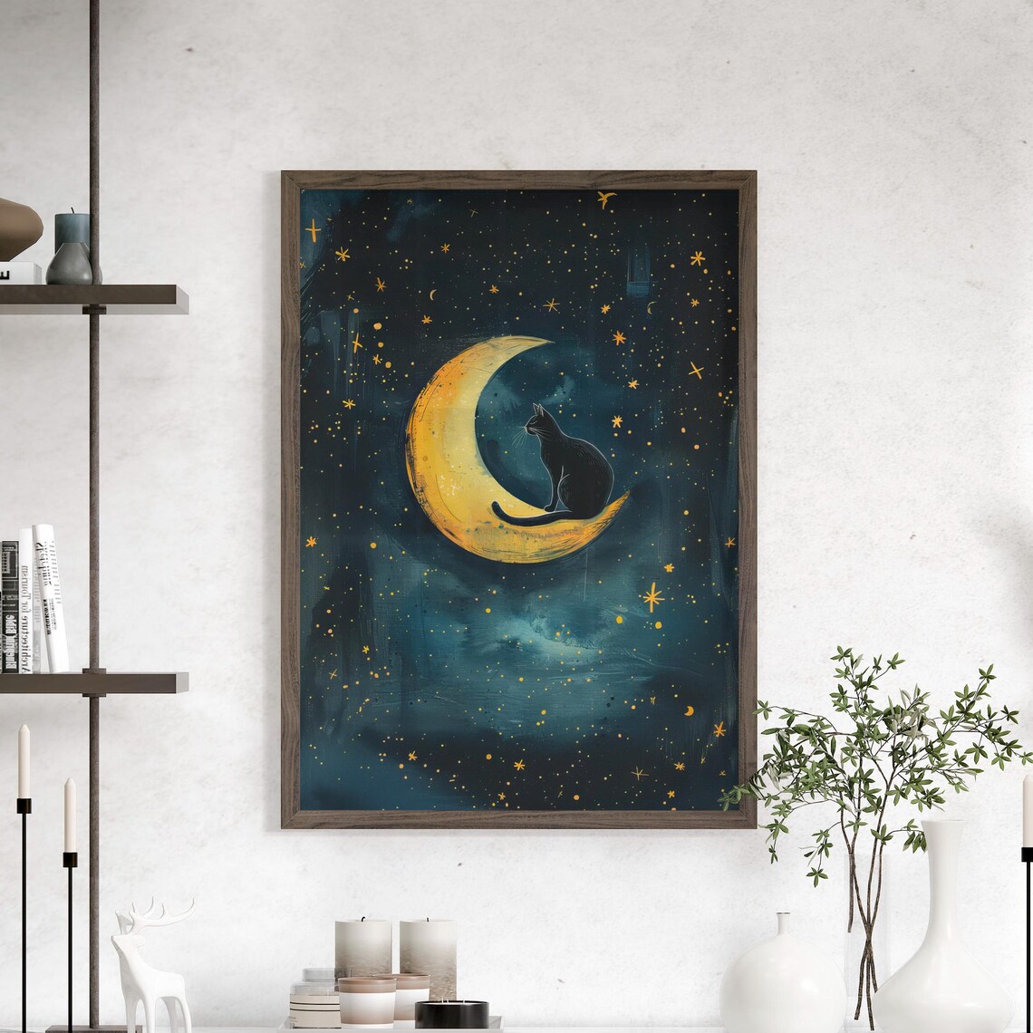 Black Cat On The Moon Dark Illustration Poster Or Canvas Print And Starry Night Wall Art Whimsical