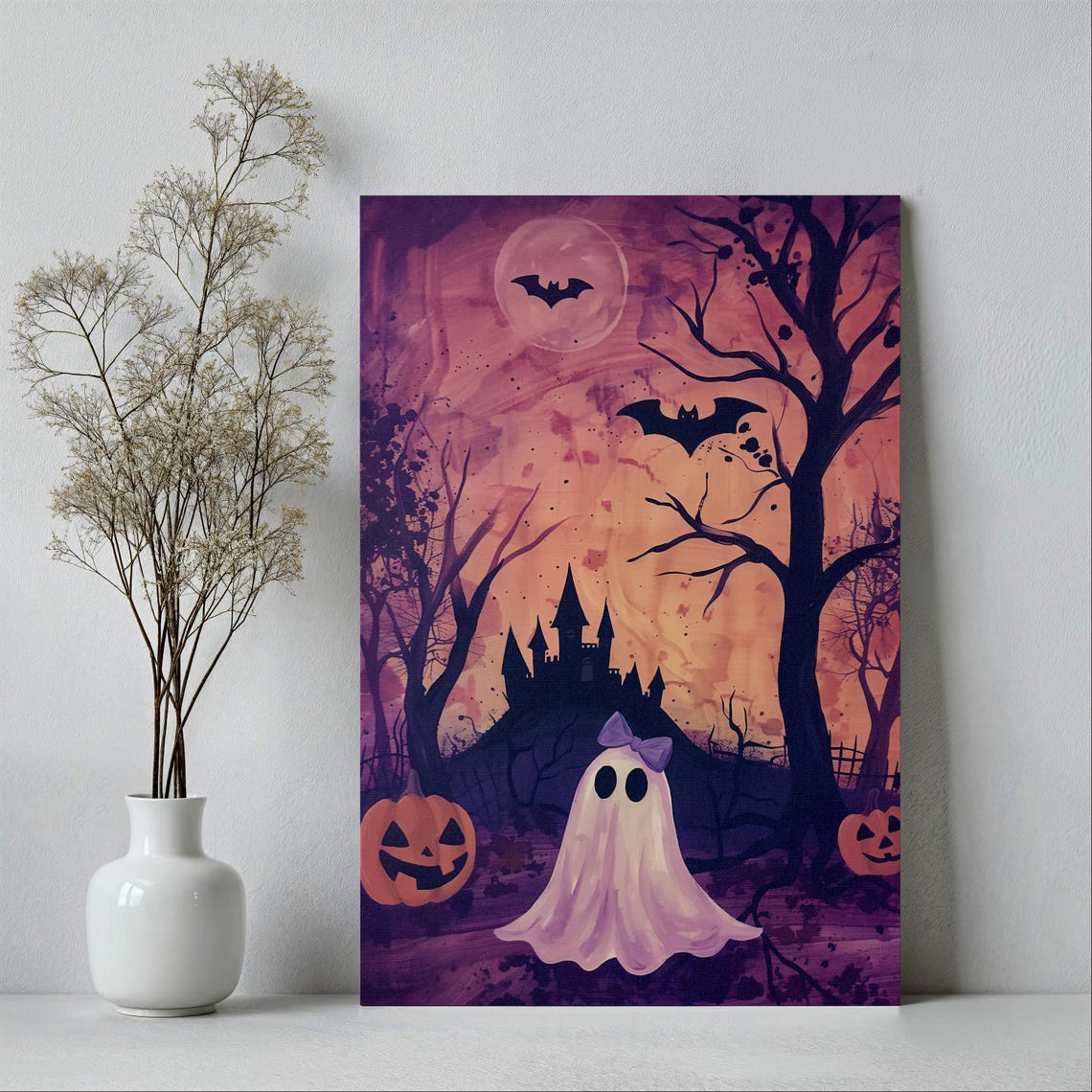 Cute Little Ghost with Purple Bow Haunted Castle Halloween Poster