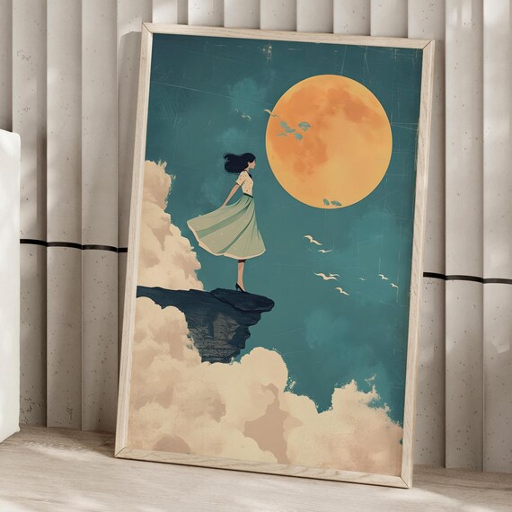 Woman in a Flowing Dress Standing on a Floating Cliff Beneath a Giant Moon Print