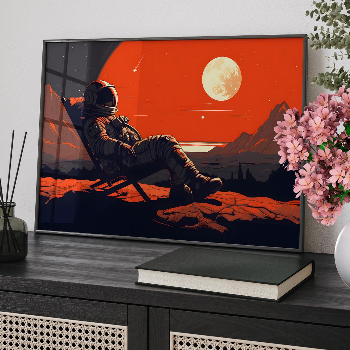 Astronaut Relaxing On Mars Red Planet Retro Space Art Poster
