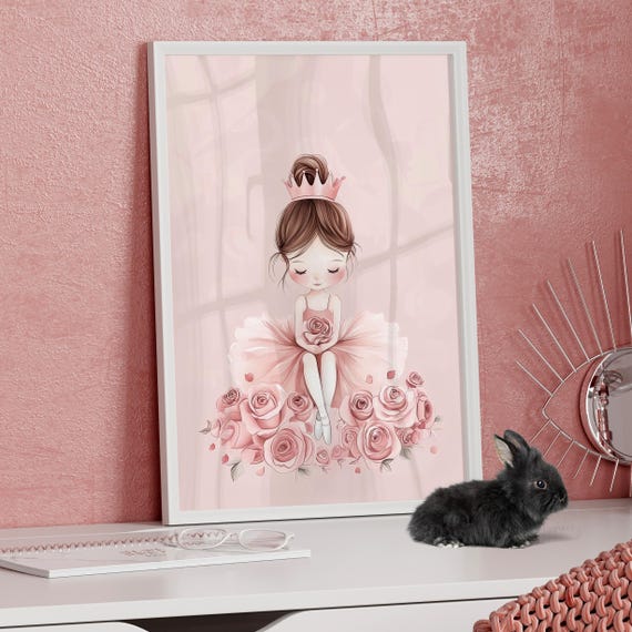 Little Ballerina Princess Wall Art Poster Or Canvas Print Pink Floral Girl Nursery Ballet Theme Decor For Girls