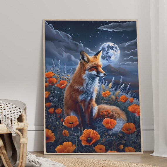 Fox Moonlit Floral Wall Art Print Or Canvas In The Orange Poppy Field Night Scenery With Flowers Botanical Poster