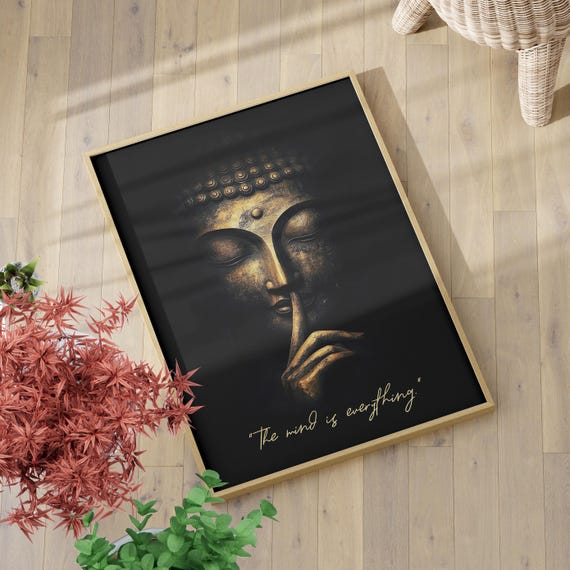 Golden Buddha Silence Portrait Poster Or Canvas Print Minimalist Dark Zen Art The Mind Is Everything Typography Meditation Room Decor