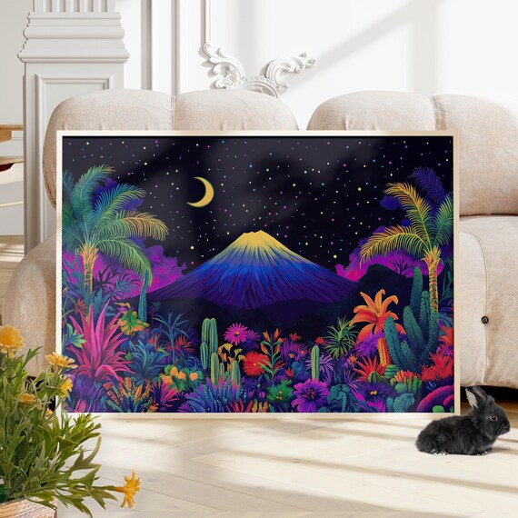 Mount Fuji Colorful Wall Art Poster Or Canvas Print Vibrant Botanical Tropical Jungle Surreal Crescent Moon And Starry Night Sky