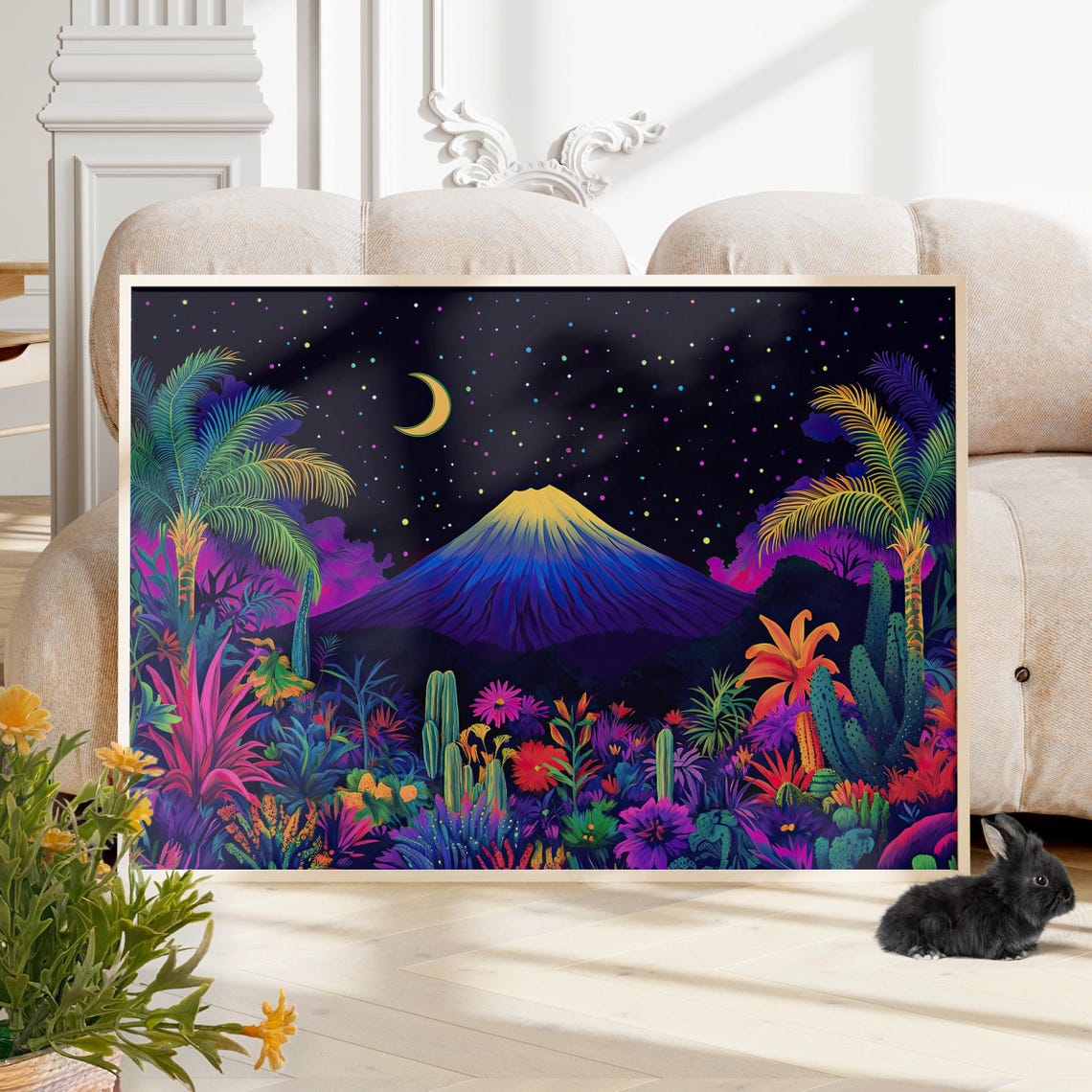 Mount Fuji Colorful Wall Art Poster Or Canvas Print Vibrant Botanical Tropical Jungle Surreal Crescent Moon And Starry Night Sky