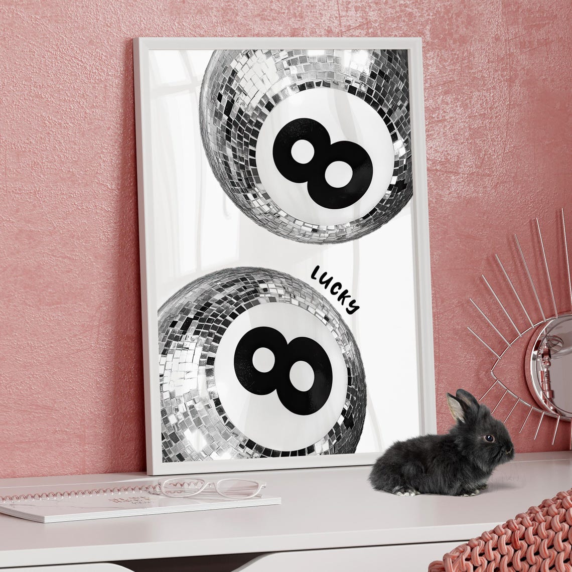 Lucky 8 Ball Disco Ball Black White Trendy Game Room Wall Poster - Image 3