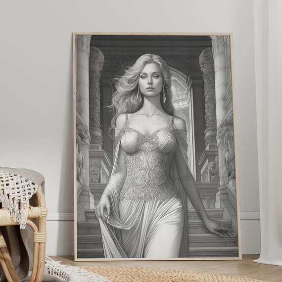Goddess Temple Grayscale Fantasy Portrait Illustration Poster