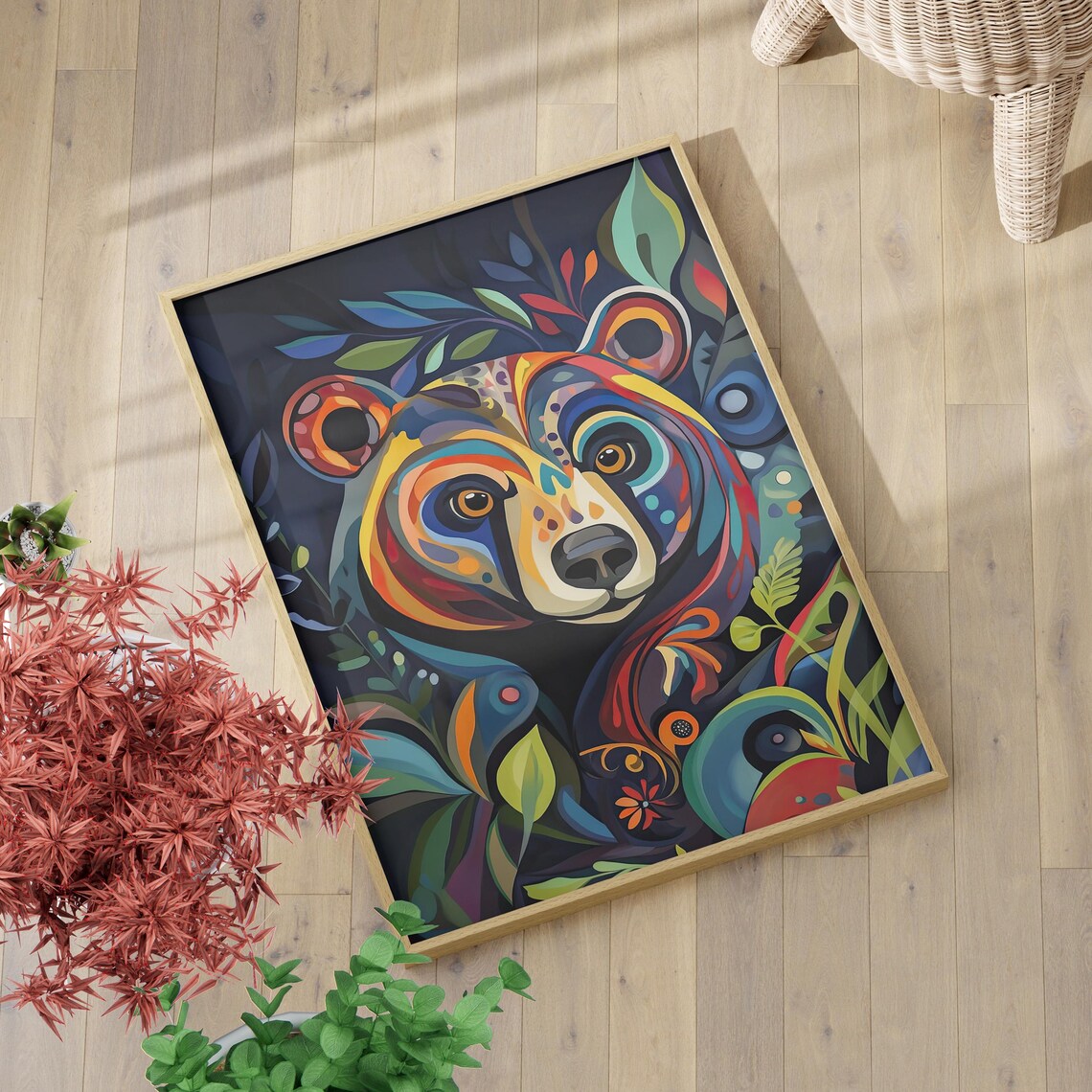 Vibrant Bear Folk Art Poster Or Canvas Print Indigenous Canadian Inspired Wall Aboriginal Style Artwork Colorful Botanical