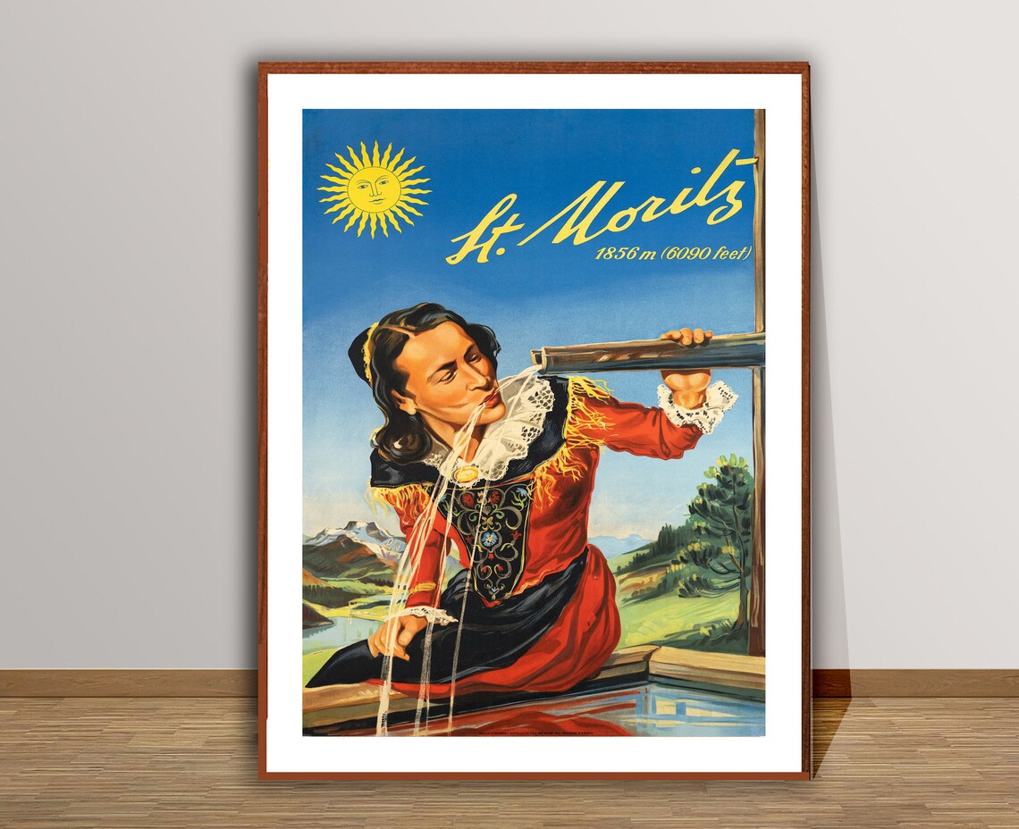 St Moritz Swiss Alps Woman Drinking Fountain Vintage Travel Poster