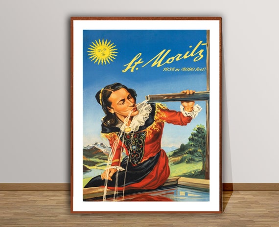 St Moritz Suisse Vintage Travel Poster Travel St Moritz St Moritz Poster Wall Decor Gift Idea