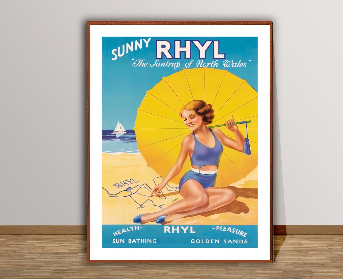 Sunny Rhyl The Suntrap of North Wales Beach Girl Vintage Travel Poster