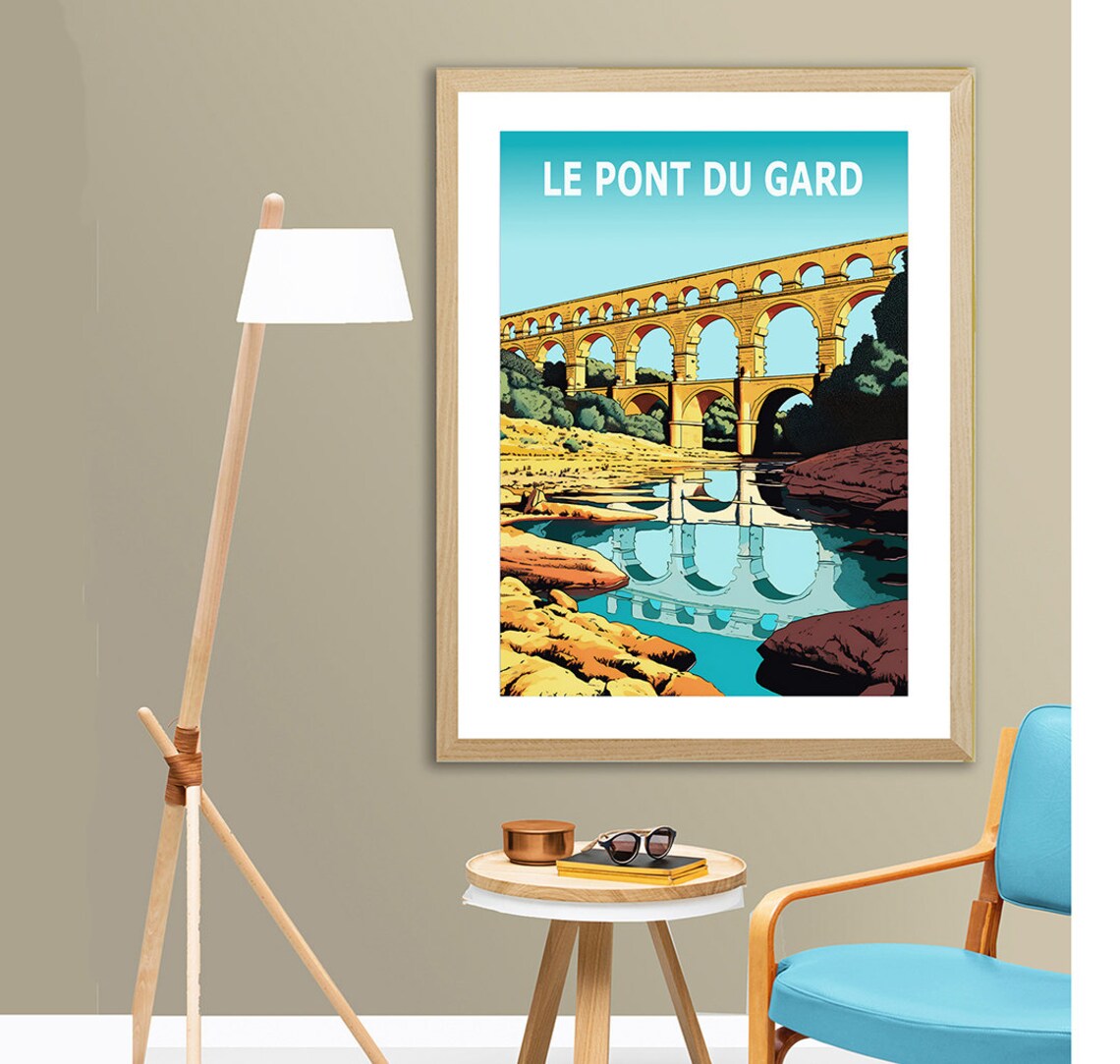 Le Pont Du Gard Roman Aqueduct River Reflection Vintage France Poster - Image 2