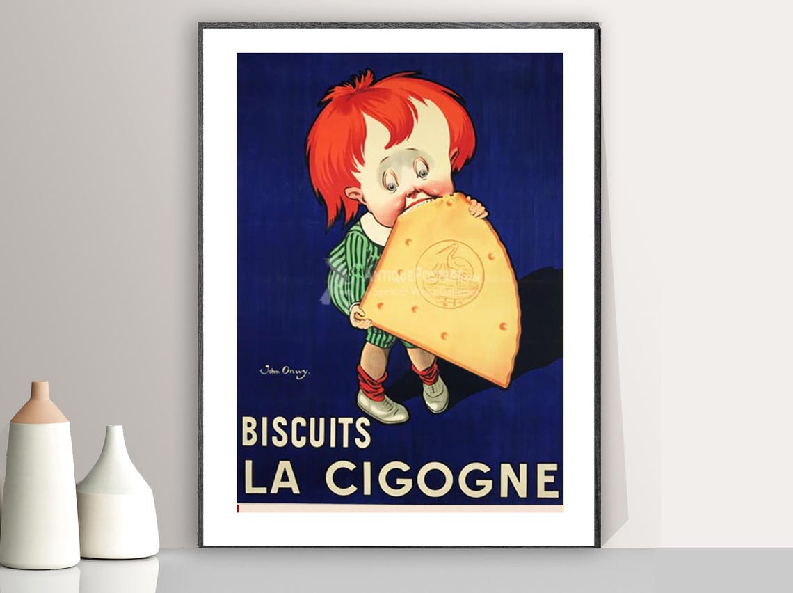 Biscuits La Cigogne Jean DOury Giant Cookie Boy Vintage Food Poster