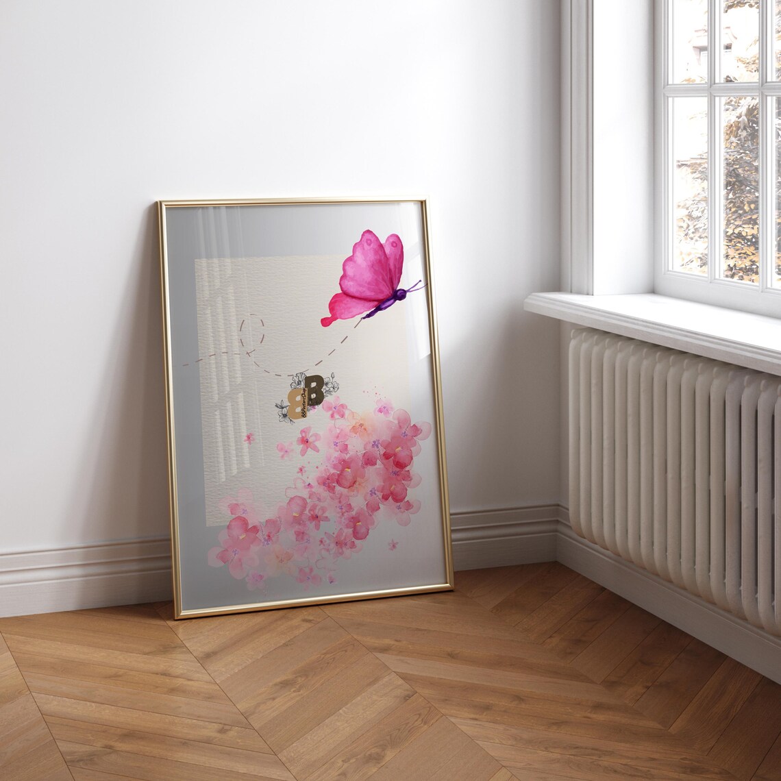 Pink Butterfly with Cherry Blossom Watercolor Nature Art Poster