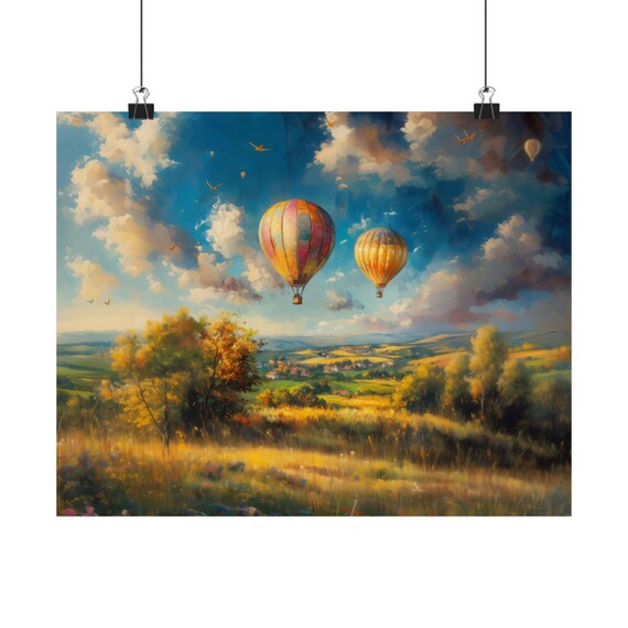 Two Hot Air Balloons Countryside Sunset Drift Peaceful Sky Print