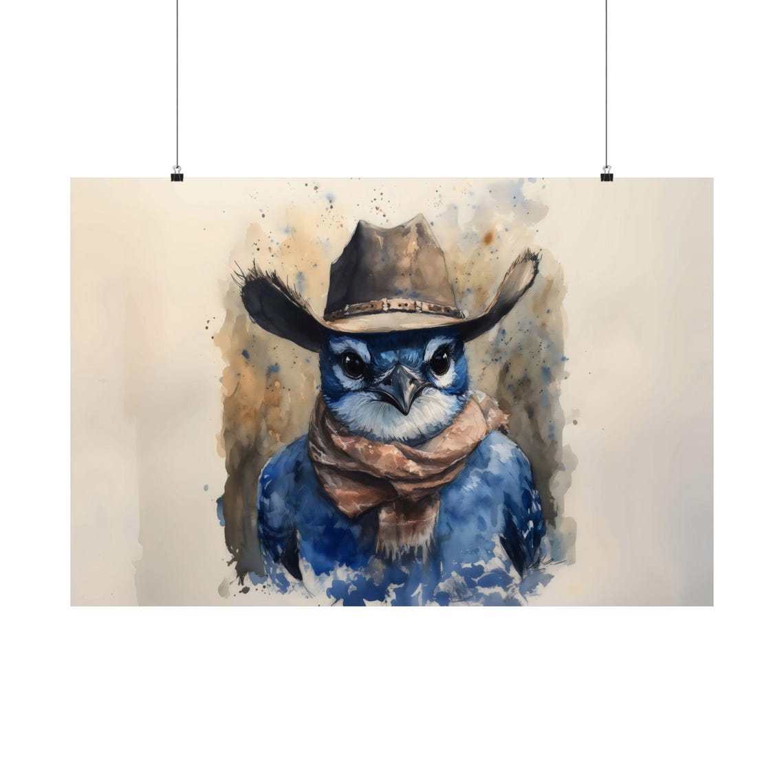Blue Jay Cowboy Hat Watercolor Western Songbird Artwork Poster - Image 3