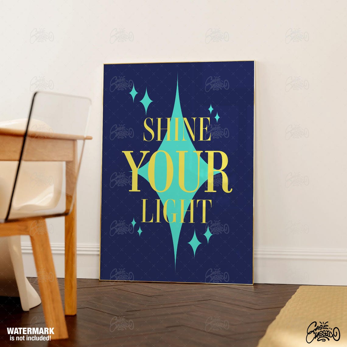 Shine Your Light Gold Lettering Navy Blue Starburst Art Poster - Image 4