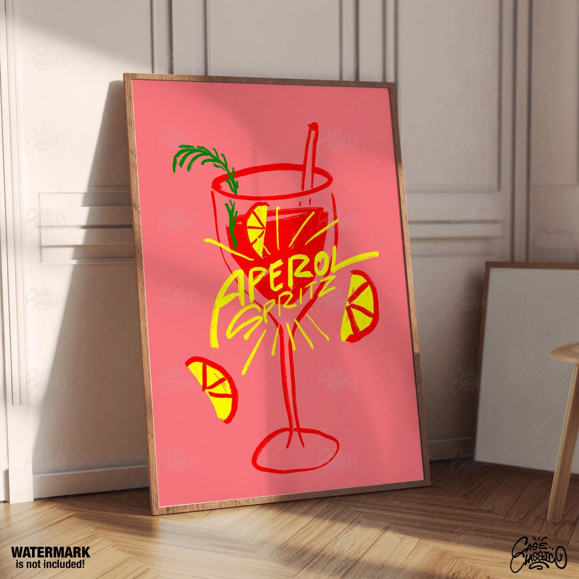 Pink Aperol Spritz Cocktail Poster With Bold Red Line Art Glass - Image 2