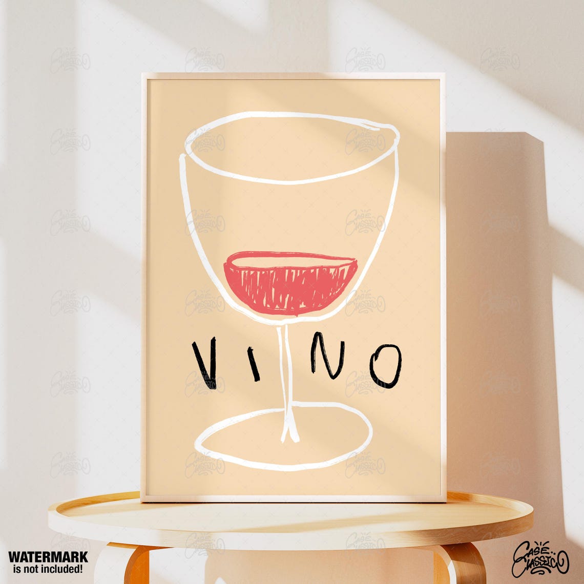 VINO Wine Glass Line Art Poster in White on Cream Background - Image 4