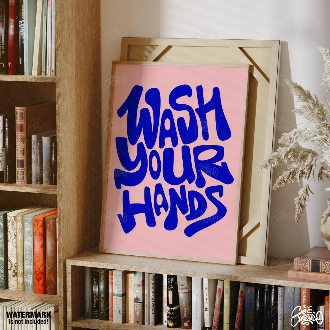 Playful Wash Your Hands Blue Bubble Letters Pink Bathroom Poster - Image 2