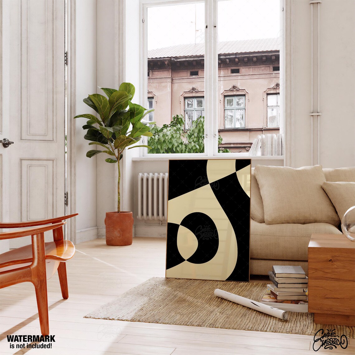 Black and Cream Curved Swirl Abstract Art Poster in Bold Style - Image 2