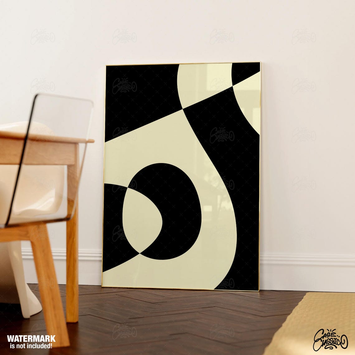 Black and Cream Wavy Checkerboard Abstract Modern Art Poster