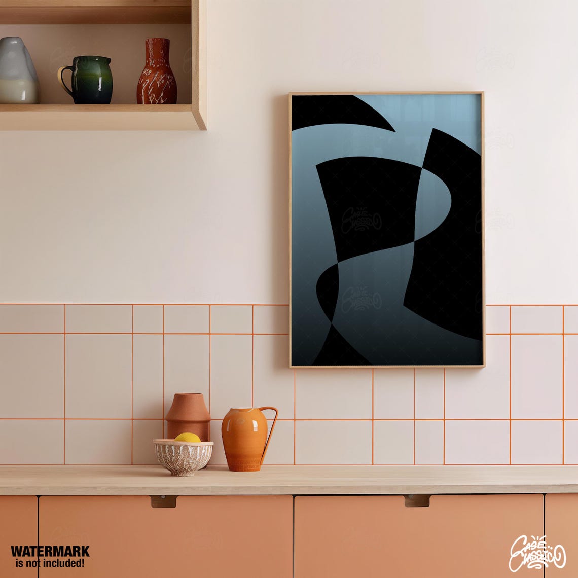 Blue Black Abstract Curved Shapes Modern Minimalist Wall Art - Image 2