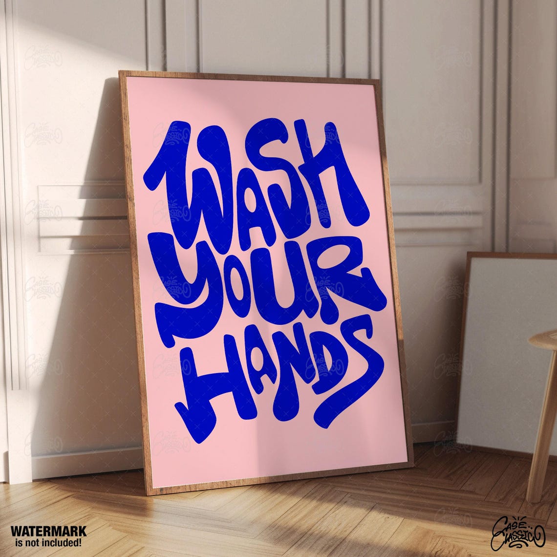 Playful Wash Your Hands Blue Bubble Letters Pink Bathroom Poster - Image 4