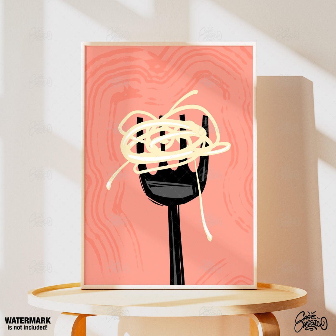 Spaghetti Twirled on Fork Coral Pink Minimalist Food Art Poster - Image 4