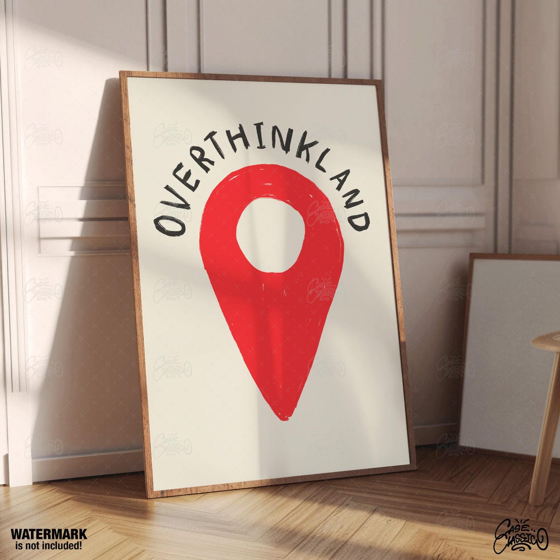 Overthinkland Funny Quote Poster With Red Map Pin on Beige Background - Image 3