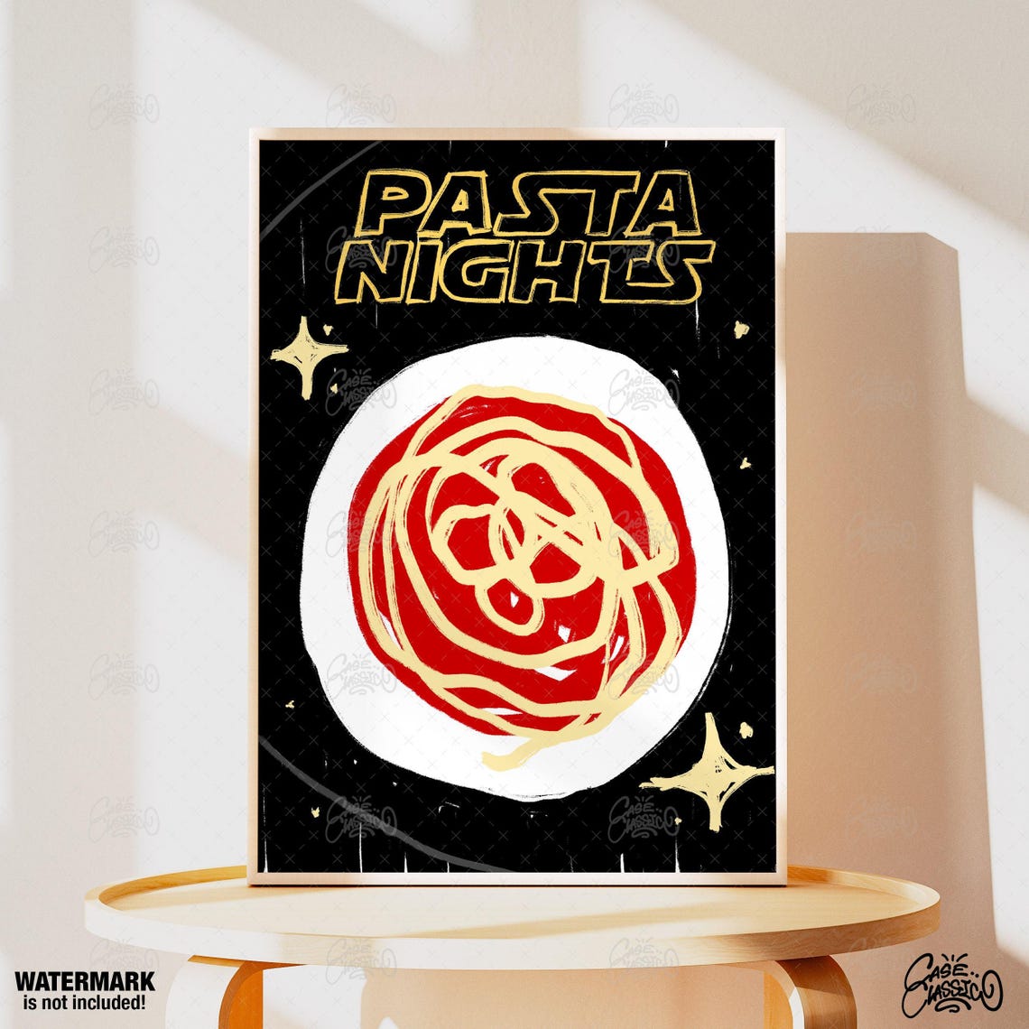 Pasta Nights Retro Starry Night Spaghetti Bowl Kitchen Poster