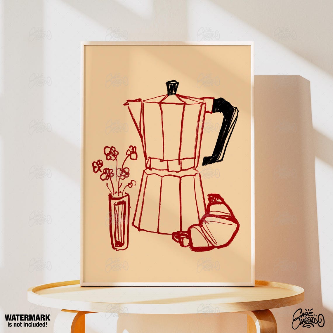 Warm Moka Pot Espresso Maker Red Ink Line Drawing Kitchen Poster - Image 4